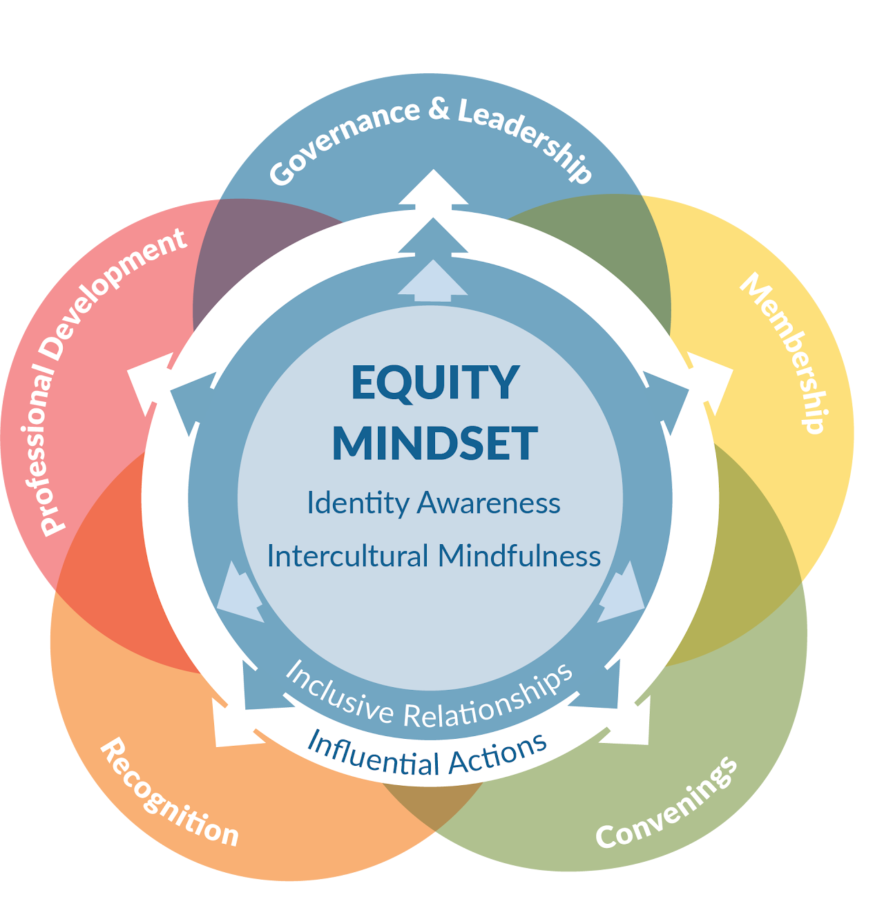 5 overlapping circles with "Equity Mindset: Identity awareness, Intercultural mindfulness" at the center. Inclusive Relationships and Influential Actions surrounds that. Governance & Leadership, Membership, Convenings, Recognition, and Professional Development are in the outer part of the circles.