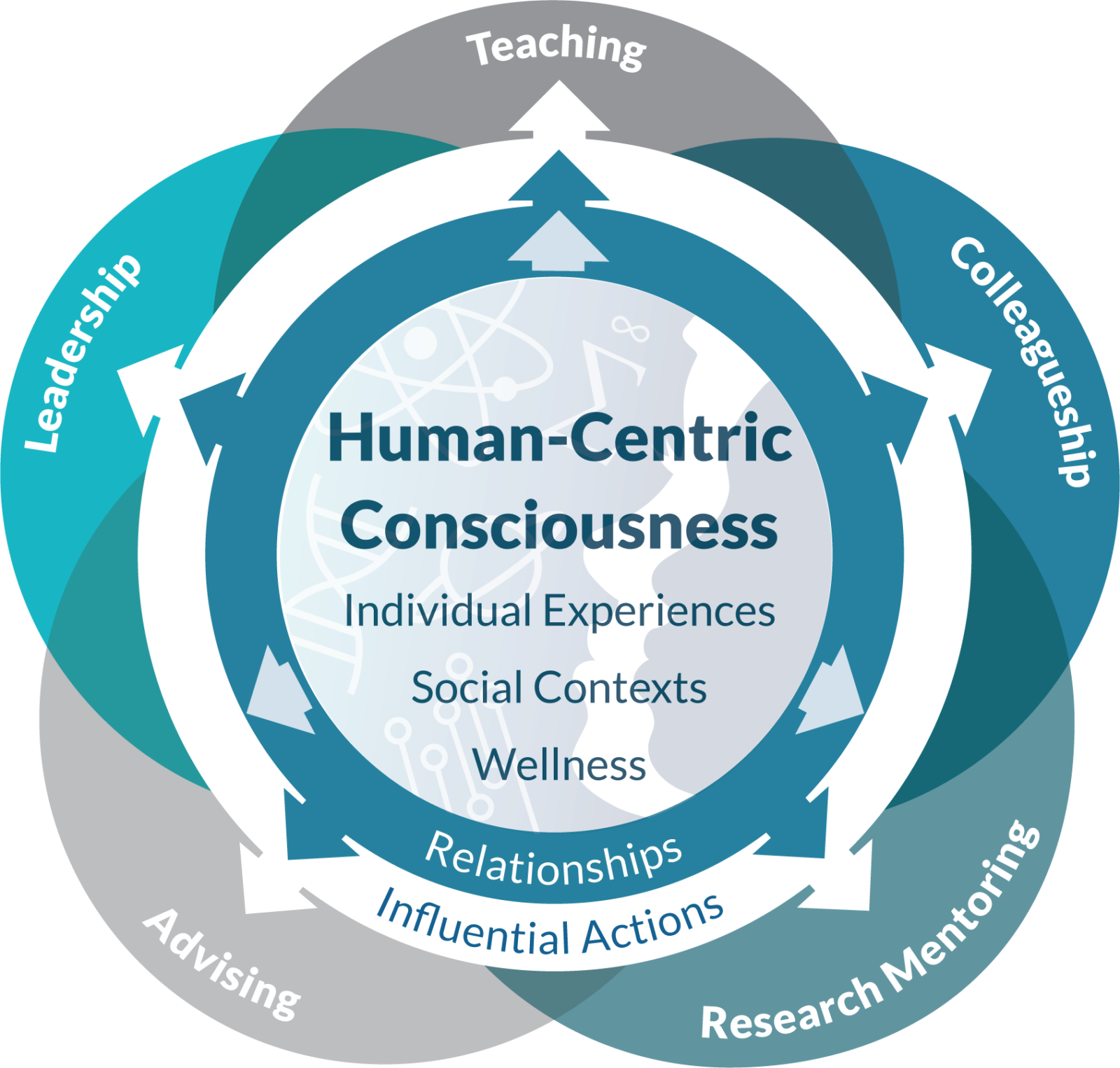 5 overlapping circles with "Human-Centric Consciousness: Individual Experiences, Social Contexts, Wellness" at the center. Relationships and Influential Actions surrounds it. Teaching, Leadership, Colleagueship, Research Mentoring, and Advising are in the circles at the periphery.